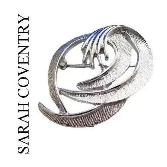 Sarah Coventry Swirl Band Wave Prongs Open Pin Brooch Silver Tone - Picture 1 of 5
